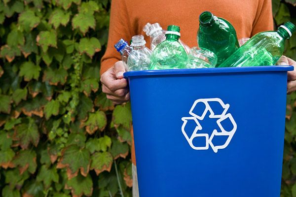 cropped man holding recycling bin with bottles