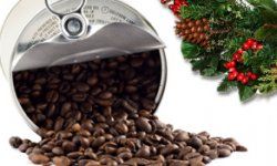 Coffee beans in tin can isolated on white. Christmas wreath