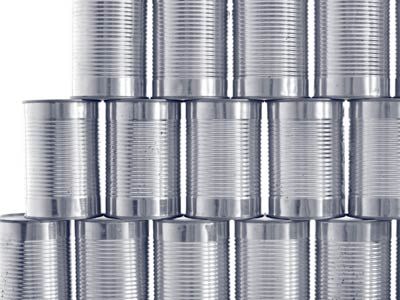 Generic tinned food cans stacked up.