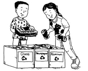 Illustration of a boy and girl recycling objects.