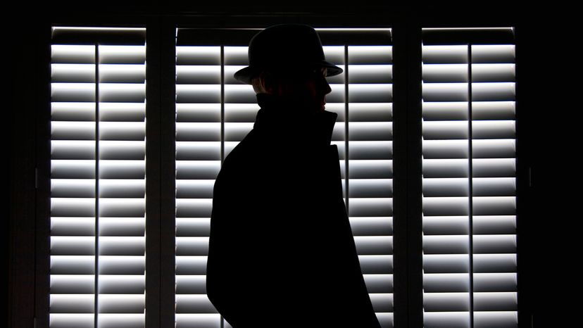 Silhouette of a man in hat against screen window.