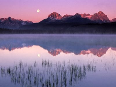 Beautiful sunset reflection in nature's mountains.