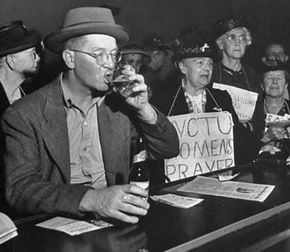 Members of the Women Christian Temperance Union attempt to recruit converts at a bar.