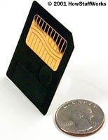 A SmartMedia card measures about twice the surface area of a quarter.