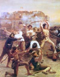 A depiction of the battle within the walls of the Alamo. Combatant Davy Crockett is shown with his rifle raised as a club.