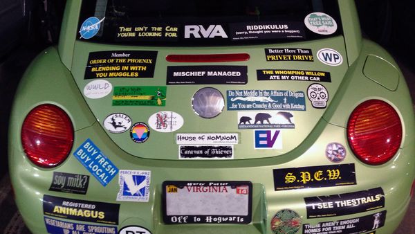 car with bumper stickers