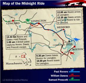 The routes of Paul Revere, William Dawes and Samuel Prescott on the night of the midnight ride.