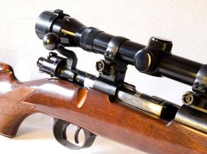 A scope on a Kettler Thirty-Aught-Six bolt-action rifle.
