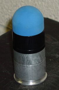 Sponge rounds can also be loaded with O.C. gas (pepper spray) or marker dye.
