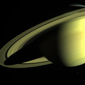 Saturn's distinctive rings are pictured in a photo returned by the Cassini-Huygens spacecraft.