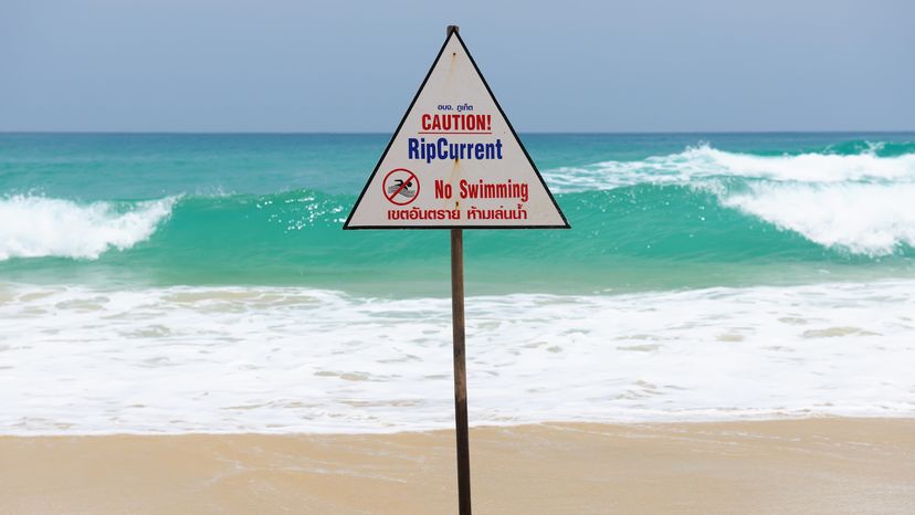 Sign warning of rip currents on beach