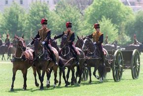 The King's Troop, royal horse artillery, at a special royal review in Regent's Park, London, England