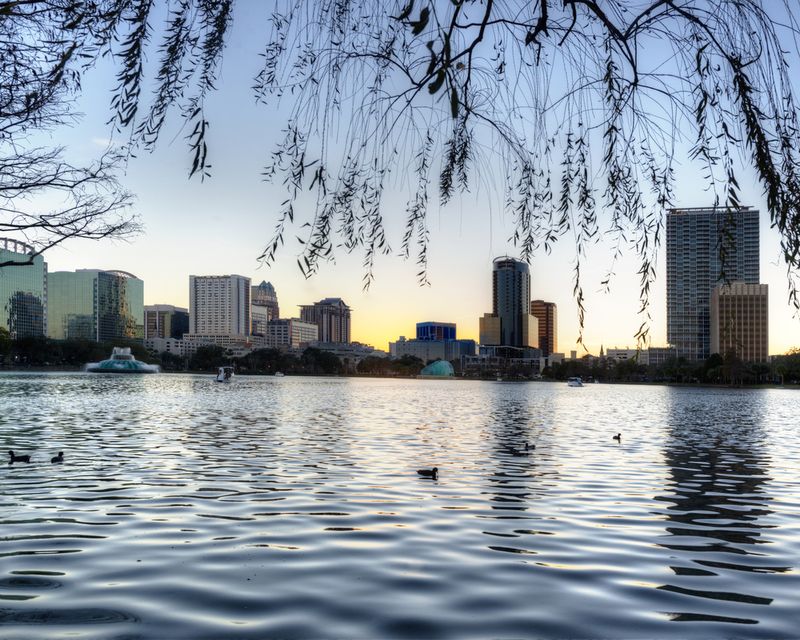 Orlando Florida Skyline & Fountain From Across Lake Eola~Continental  Postcard