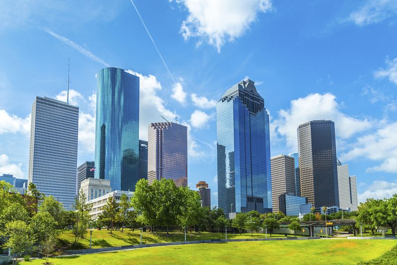 Skyline of Houston, Texas in daytime under blue sky