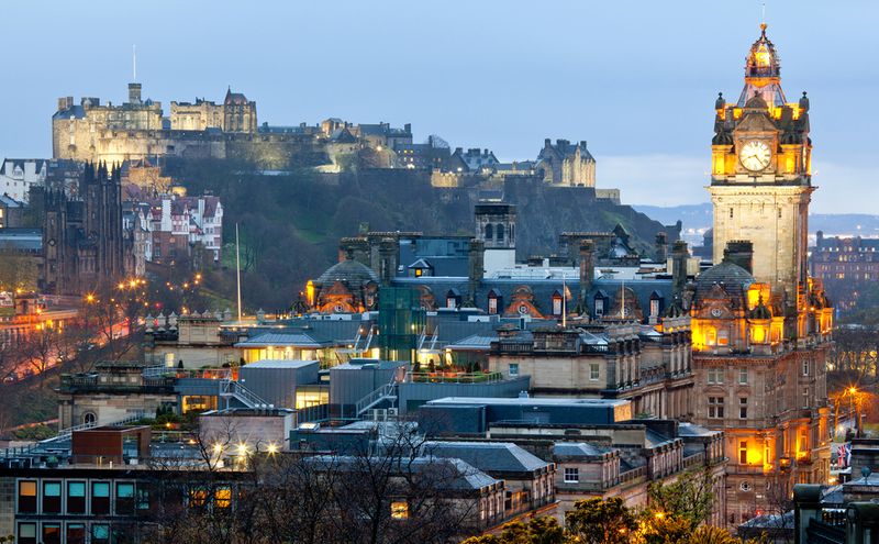 Edinburgh Cityscape from Calton Hill at dusk Scotland UK