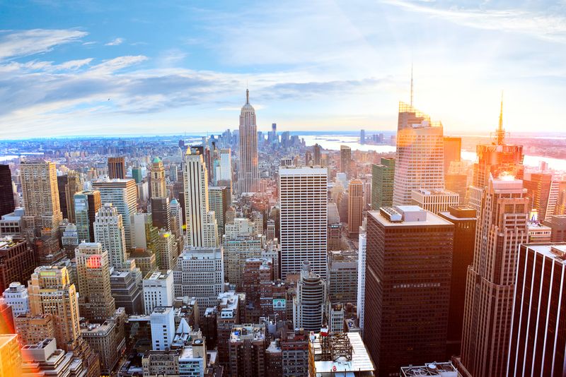 Aerial view of Manhattan skyline at sunset, New York City