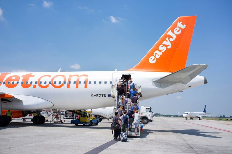 Passengers loading onto an Easyjet Airplane