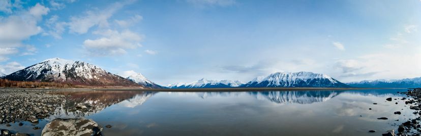 panoramic shot of a beautiful mountain range and reflection in Alaska