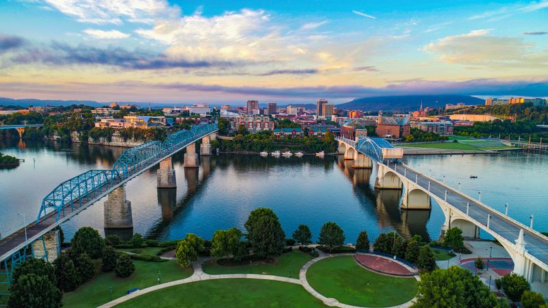 Chattanooga, Tennessee view of river and bridges from above