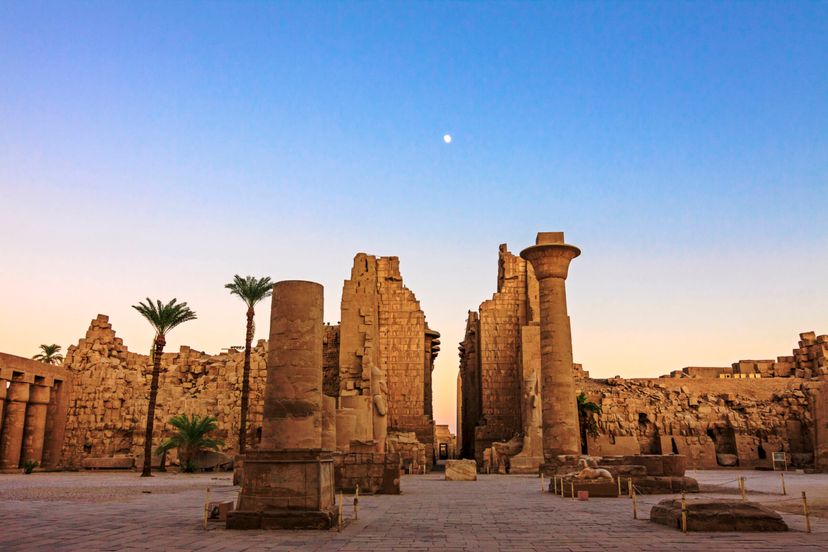 Second pylon of the Precinct of Amun-Re in the Karnak temple complex at sunset.