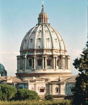 米开朗基罗（Michelangelo）从1546年开始在圣彼得大教堂（St. Peter's Basilica）工作，直到他于1564年去世。多亏了他，大圆顶（圆顶265英尺高x 190英尺，直径为190英尺）才成为现实。大教堂可以在梵蒂冈参观。“border=