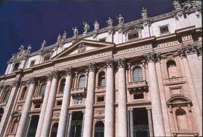 The exterior of St. Peter's Basilica (1546-64) by Michelangelo, located in the Vatican.