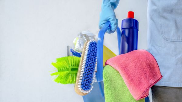 Stain Removal Tools in Bucket Held by Gloved Hand