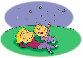 Illustration of two kids star gazing