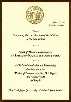 Menu for a 1996 Dinner Honoring Military Contributions