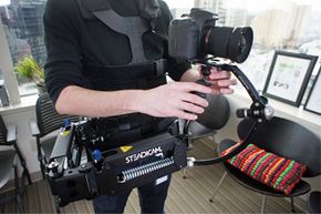 The Steadicam Merlin 2, pictured here at the HowStuffWorks office, is one of the next-generation, smaller camera stabilizer systems available to pros and amateurs.