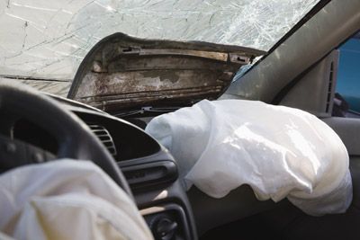 Photo of car after a crash with deployed airbag and destroyed windshield