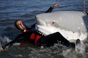 Tory Belleci, of Discovery Channel's &quot;MythBusters,&quot; tests the strength of a (mechanical) shark's bite the hard way.
