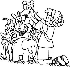 Illustration of a girl stacking her stuffed animals