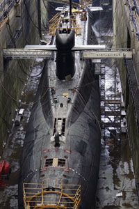 A bird's eye view of the maintenance drydock with L' Inflexible nuclear submarine, prior to the visit of French President Nicolas Sarkozy at L'Ile Longue military base in Brittany, France, on July 13, 2007.
