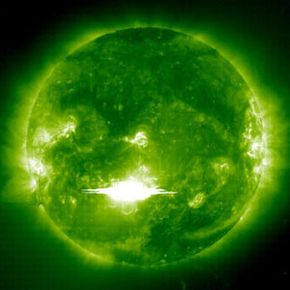A powerful solar flare erupted from Sunspot 486 on Oct. 28, 2003. The flare sent X-rays traveling at the speed of light toward Earth, causing a radio storm in the ionosphere.