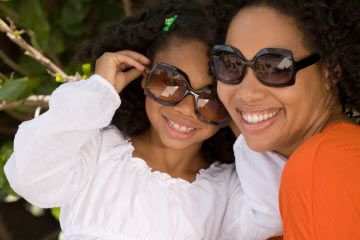 Mother and daughter wearing sunglasses.