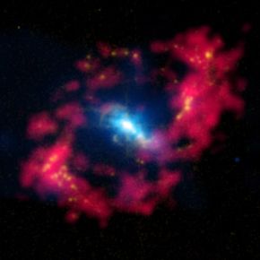 Spiral galaxy NGC 4151, aka The Eye of Sauron. Composite of x-rays (in blue), visual light (in yellow), and radio waves (in red). The yellow is where star formation has recently occurred.