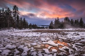 All quiet (for now) during a winter sunset in Yellowstone National Park.