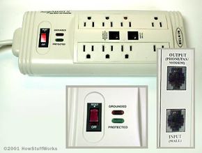 A Belkin SurgeMaster II mid-range surge protector with connections for phone lines
