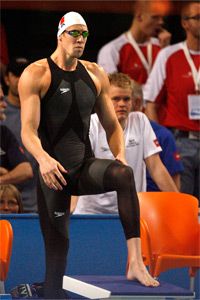 Alain Bernard of France in his LZR Racer prepares to start the 50-meter freestyle semifinal at the 2008 European Swimming Championships. He set a new world record time of 21.50 seconds in the event.