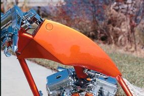 The sleek, flush-mounted fuel cap on the Sabre Tooth chopper.