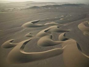 Crescent-shaped sand dunes in Namibia