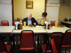 2008 GOP running mates Sen. John McCain and Gov. Sarah Palin eat together at Arthur Bryant's Barbeque in Kansas City, Mo., in September 2008. See more pictures of Sarah Palin.