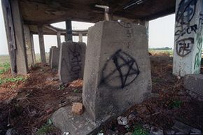 West Memphis, Arkansas' local 'Stonehenge,' an abandoned cotton-gin-turned-teen-hangout tagged with vaguely satanic graffiti.