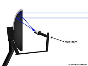 The curved dish focuses incoming radio waves onto the feed horn.