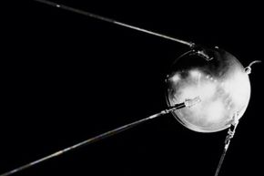 Sputnik 1, the first satellite, shown with four whip antennas