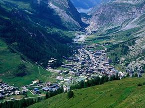 Aerial view of Val D'Isere in Savoie of the Rhone Alpes region of the French Alps.