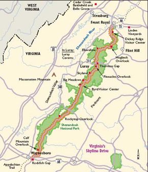 This map of Virginia's Skyline Drive lists just a few of the nearly 80 overlooks that provide stunning mountain and valley views.