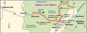 As this map indicates, the Highland Scenic Highway runs through the Monogahela National Forest of West Virginia.