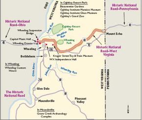View Enlarged Image The West Virginia portion of the Historic National Road, shown on this map, will take you through a variety of significant sites related to musical, state, and national history.